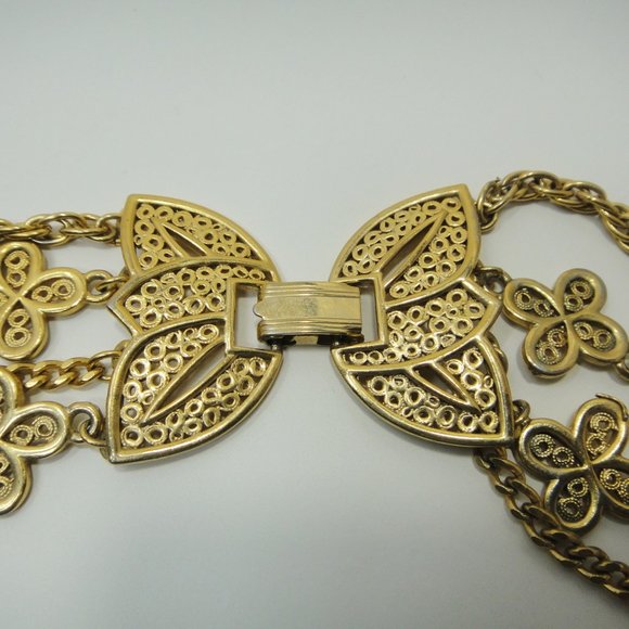 Multi Strand Clover Motif Necklace Gold Tone Chains 4 - Picture 4 of 7